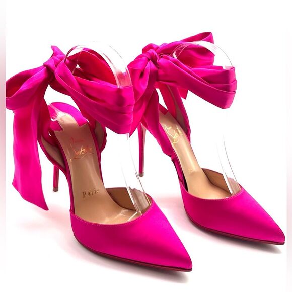 CHRISTIAN LOUBOUTIN Satin Douce Du Desert 100 Heels Rose Pink Ankle Tie EU37 US7 - Picture 6 of 16